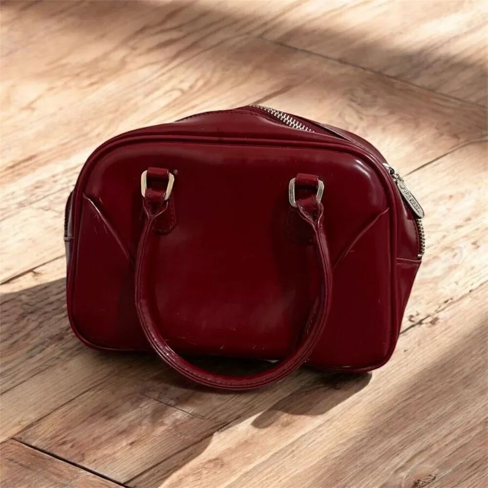 Vintage Nine West Red Patent Bag Shoulder Purse Small Bowler Zipper
